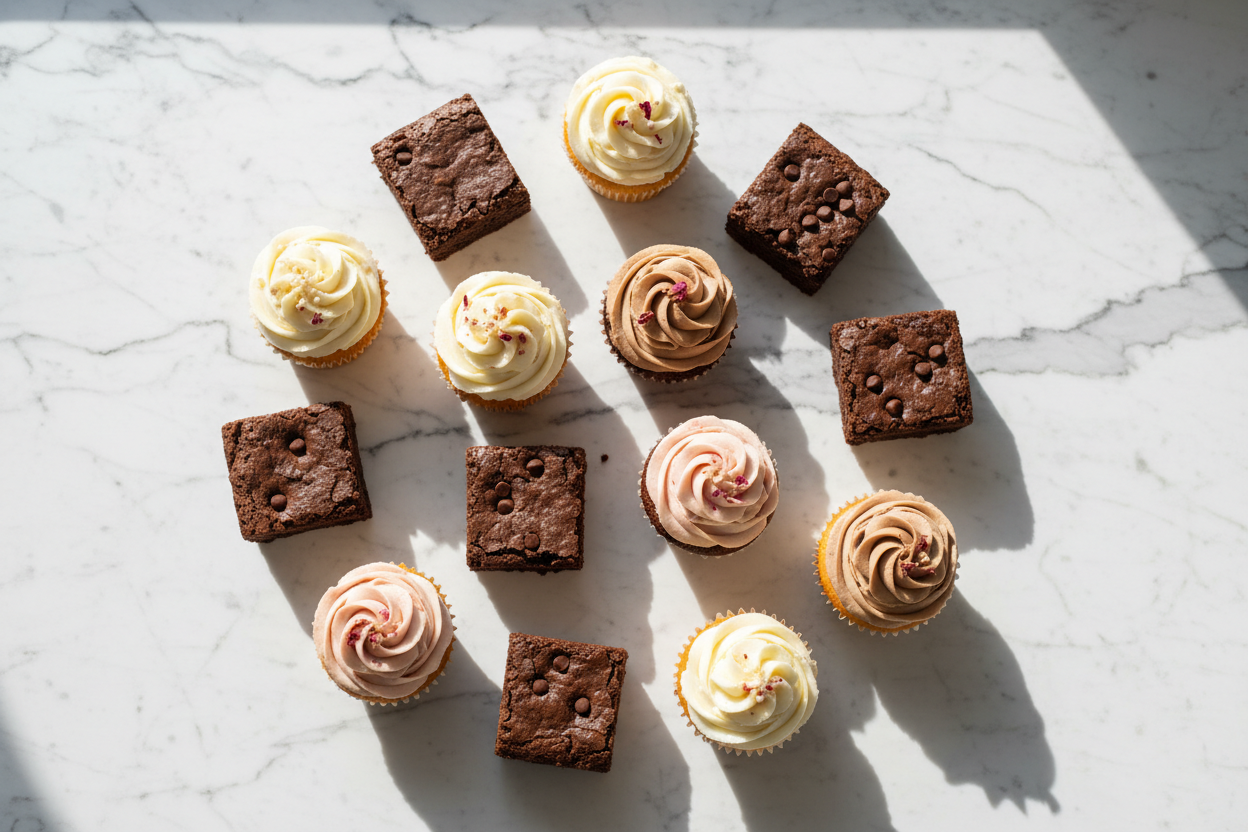 Cupcakes and brownies 
White marble slip